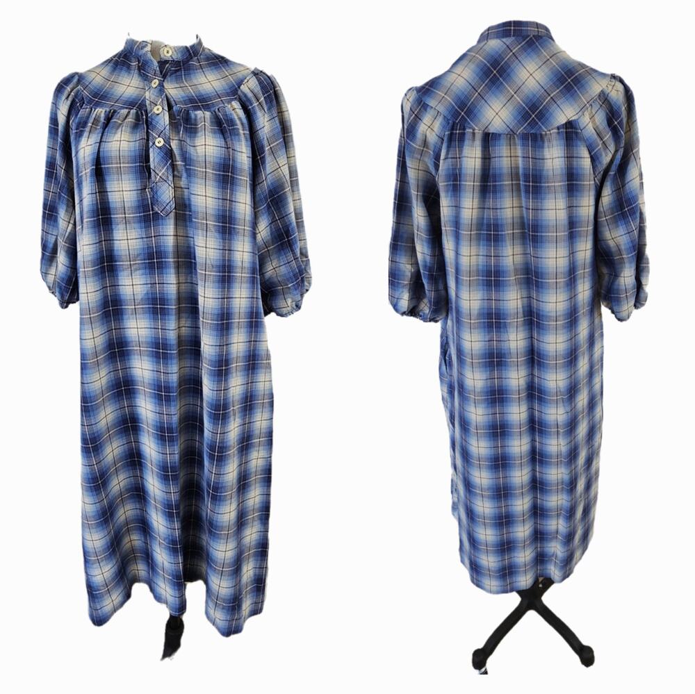 Vtg 70s Cracker Barrel Blue Plaid Prarie Peasant Dress Cottagecore Granny EUC 7